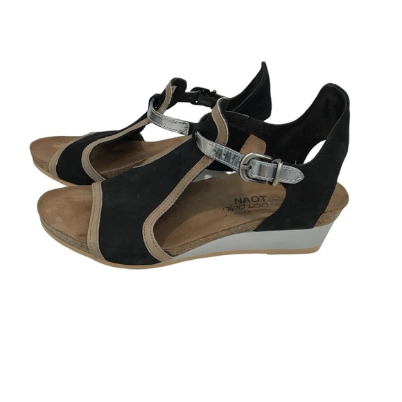 Naot Shoes - Naot Women's Fiona Sandals Size 37 6 Black Leather Wedge Heel Caged Shoe Open